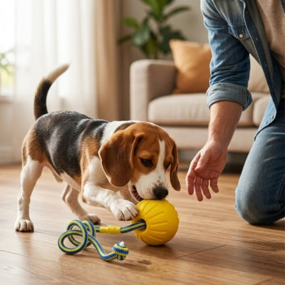 Beagle à l'intérieur jouant prÚs de son maßtre avec un jouet chien indestructible à corde.