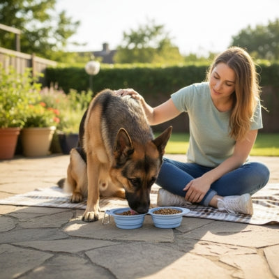 Berger Allemand sur une terrasse en pierre avec une gamelle pour chien double bleue.