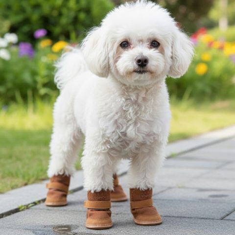 Bichon frisé blanc debout sur un trottoir avec une chaussure pour chien marron à chaque patte.