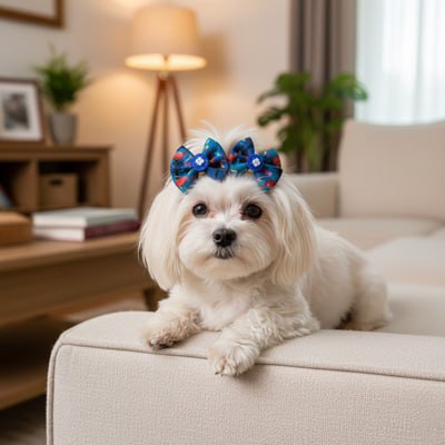 Bichon Maltais sur canapé crème avec deux noeud papillon chien bleus à motifs.