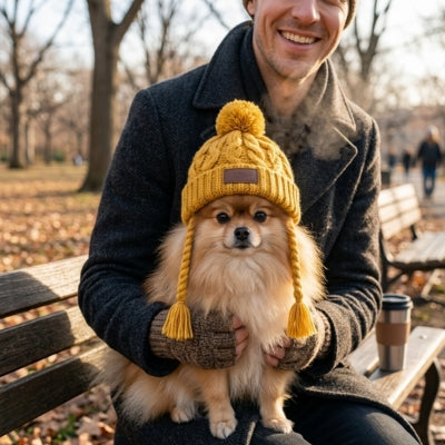 Chien Spitz Nain avec bonnet chien jaune à tresses et "Pets Tale" tenu par un homme au parc.