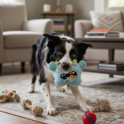 Border Collie jouant sur un tapis avec un jouet pour chien bleu en forme de monstre.