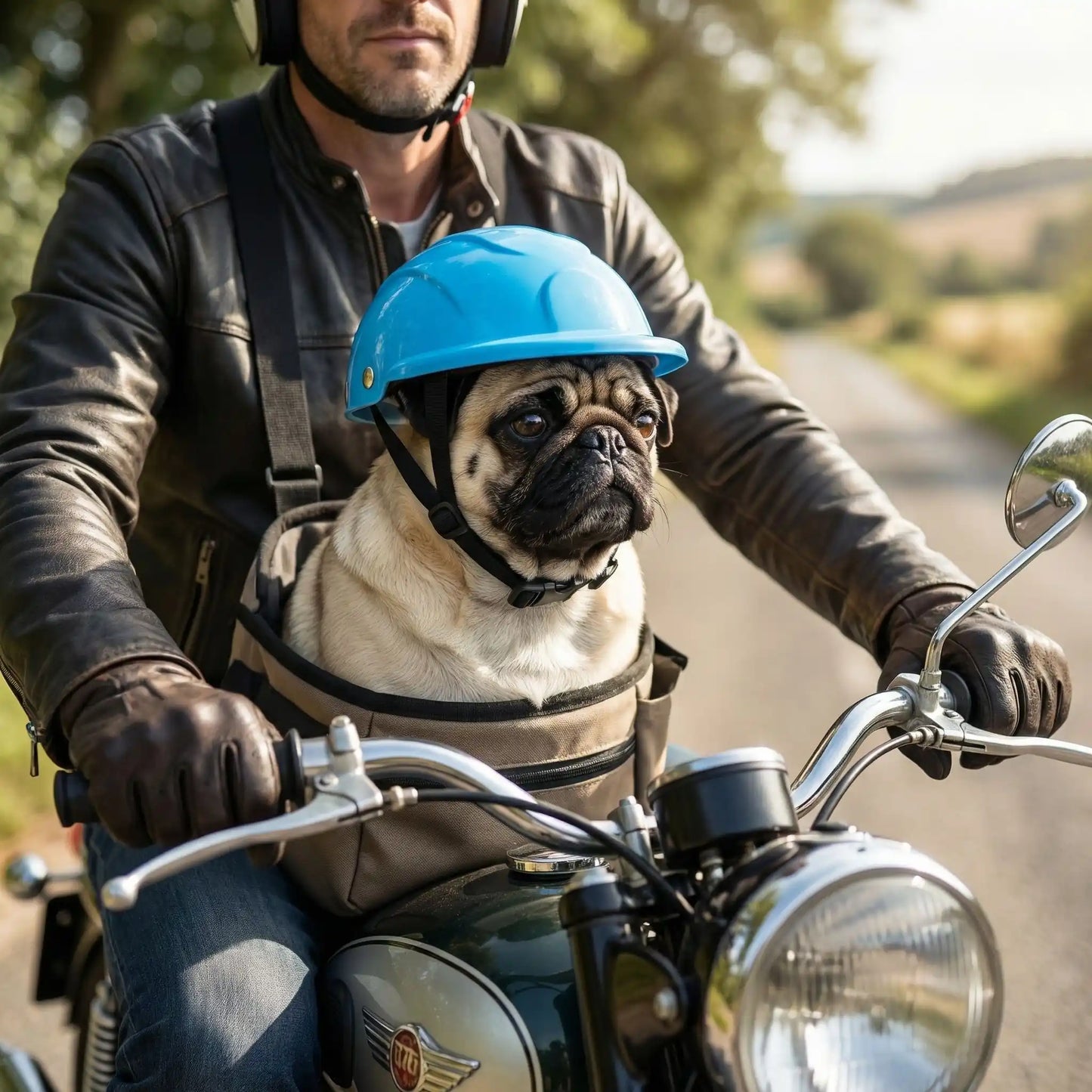 Un chien Carlin portant un casque moto pour chien bleu dans une sacoche de transport.