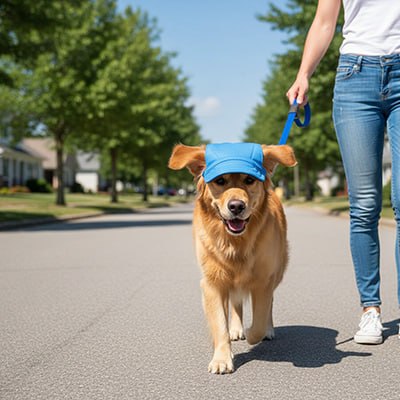 Golden Retriever marchant en laisse dans une rue avec une casquette chien bleue.