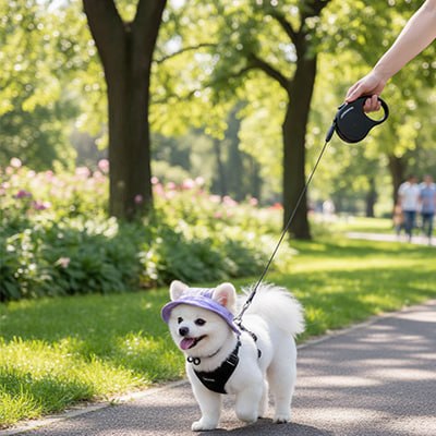 Petit Spitz blanc en laisse avec une casquette chien violette marchant dans une allée de parc.