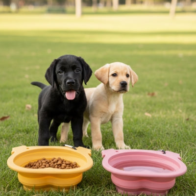 Deux chiots Labradors devant une gamelle pour chien jaune (croquettes) et une rose (eau).