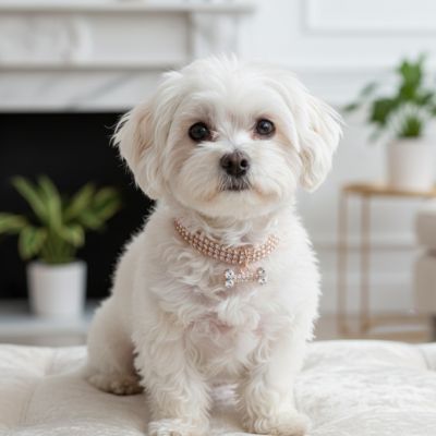 Un Mignon petit chien posé tranquillement dans un salon avec a son cou le collier chien en or strass brillant.