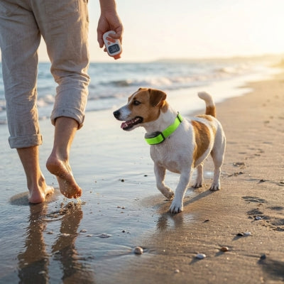 Jack Russell marchant sur la plage avec son collier de dressage pour petit chien vert.