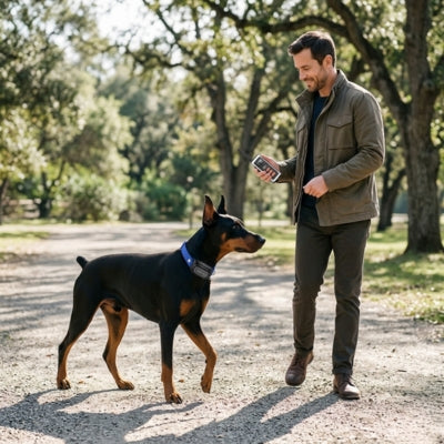 Chien Dobermann marchant dans une allée de parc avec son collier de dressage pour chien bleu.