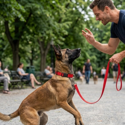 Chien Malinois assis face à son maître avec un collier pour chien rouge et sa laisse.