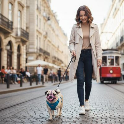 Femme en ville promenant un Carlin équipé d'une muselière pour bouledogue français rose.