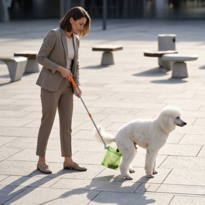 Femme en costume et son Caniche blanc sur une place publique, ramasse crottes pour chien au sol.