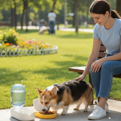 Corgi mangeant dans sa gamelle pour chien jaune sur un trottoir de parc à cÎté d'une femme.