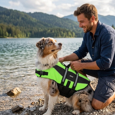 Berger Australien avec un gilet de sauvetage chiens vert fluo au bord d'un lac.