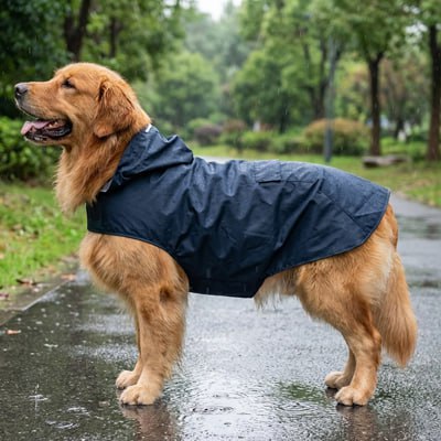 Golden Retriever avec un imperméable pour chien bleu lors d'une journée pluvieuse.