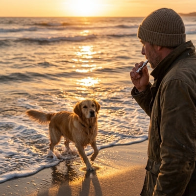 Homme à la plage au coucher du soleil utilisant un sifflet ultrason pour chien avec un Golden Retriever.