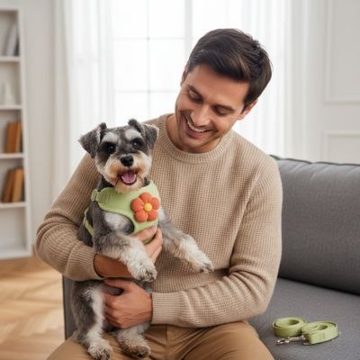 Homme souriant tenant un Schnauzer portant un harnais anti traction chien vert d'eau à fleur.