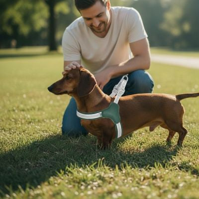 Teckel marron dans l'herbe avec un homme et un harnais anti traction chien vert à bandes grises.