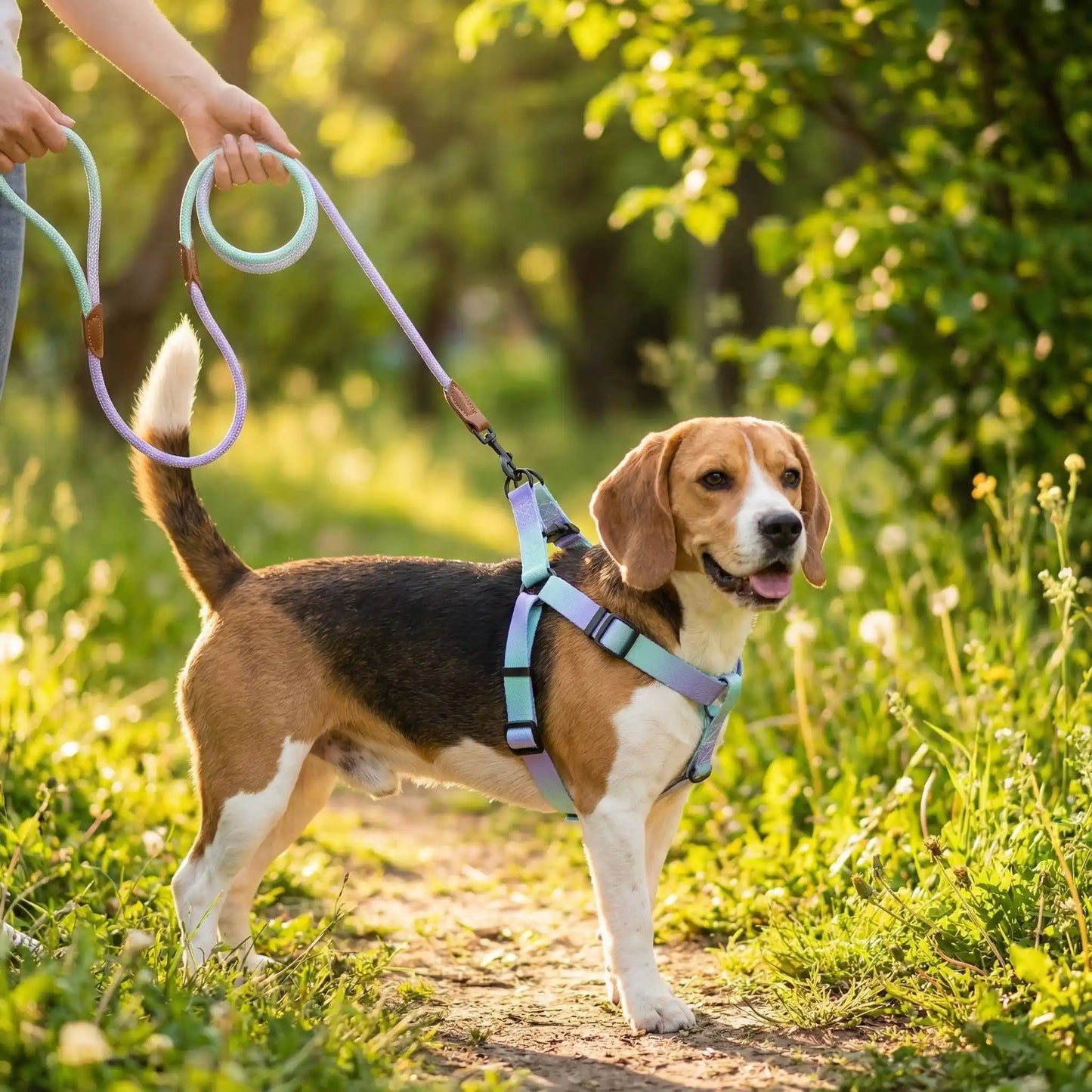 Chien Beagle dans l'herbe portant un harnais chien aux couleurs vert, bleu et violet.