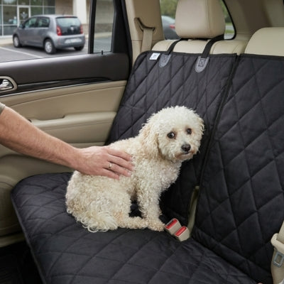 Main caressant un caniche blanc assis sur une housse pour voiture pour chien matelassée noire.