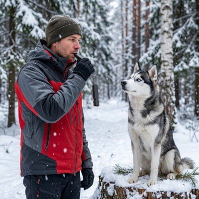 Homme en tenue d'hiver utilisant un sifflet ultrason pour chien devant un Husky sibérien.