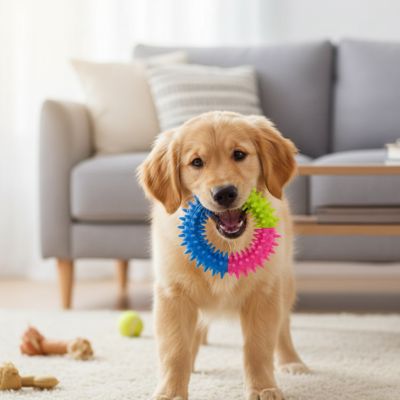 Chiot Golden Retriever debout sur un tapis avec un jouet chien anneau bleu, vert et rose.