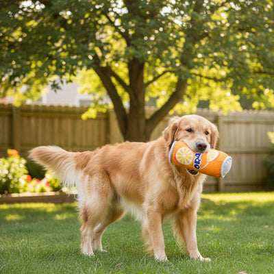 Golden Retriever de profil tenant le jouet pour chien orange marqué ORANGE dans sa gueule.