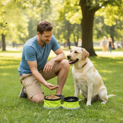 Labrador crème assis dans l'herbe à côté d'une gamelle chien verte double avec son maître.