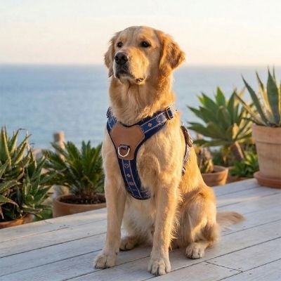 Chien Golden Retriever assis avec un harnais anti traction chien bleu et maille aérée.