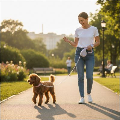 Femme souriante promenant un Caniche marron dans un parc avec une laisse chien rose.