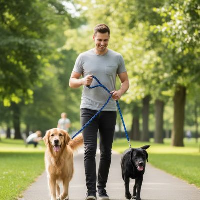 Homme marchant au parc avec un Golden Retriever et un Labrador noir en laisse longe pour chien bleue.
