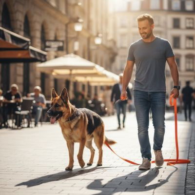 Homme en ville promenant un Berger Allemand avec une laisse longe pour chien orange.