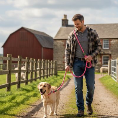 Laisse main libre pour chien rose portée en bandoulière par un homme avec un Labrador à la ferme.