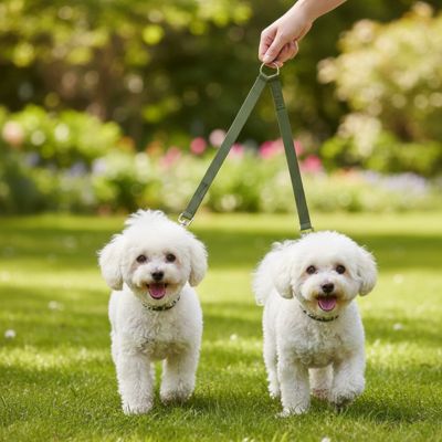 Main tenant une laisse pour chien verte reliant deux Bichons frisés blancs dans un parc.