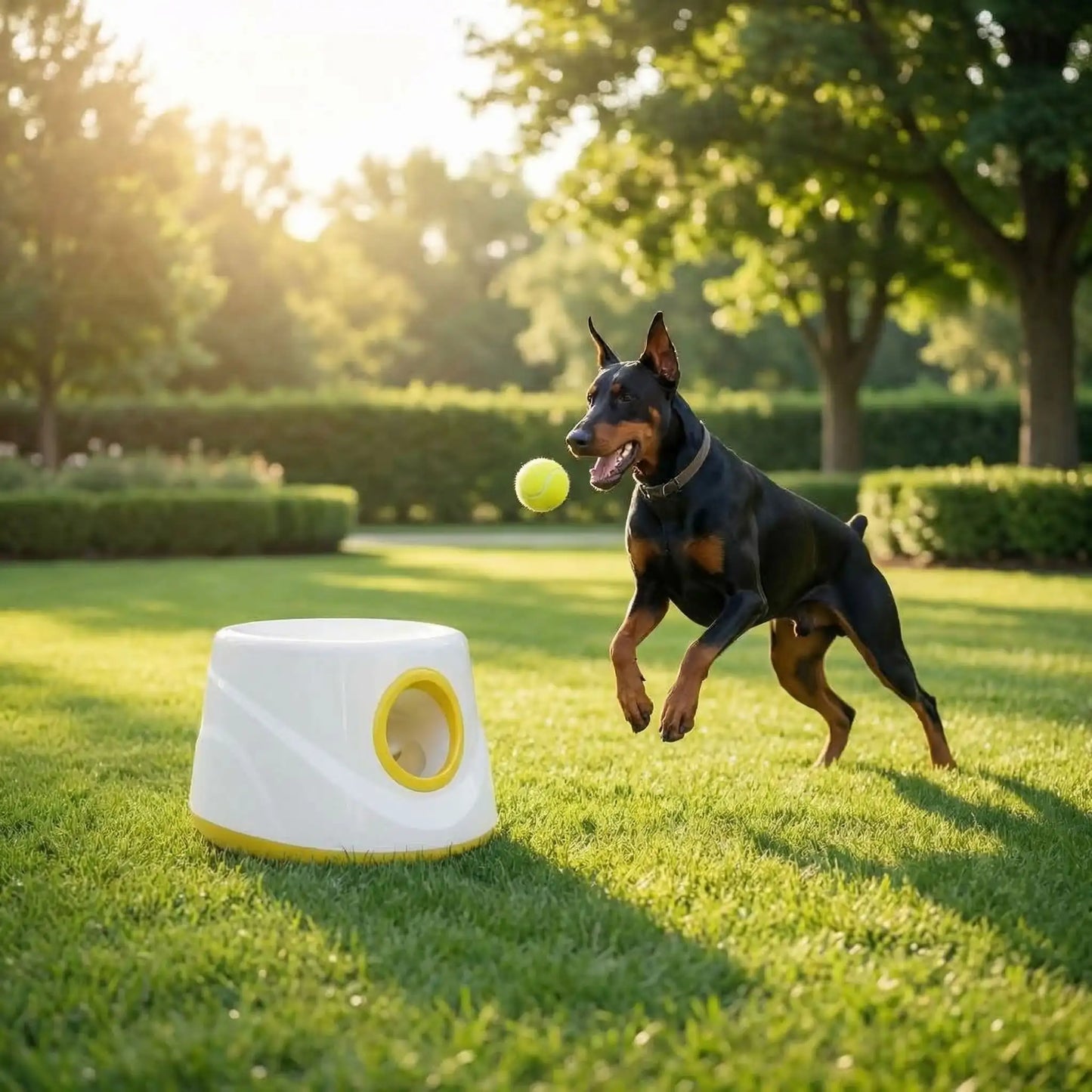 Doberman sautant pour attraper une balle lancée par le lanceur de balle pour chiens.