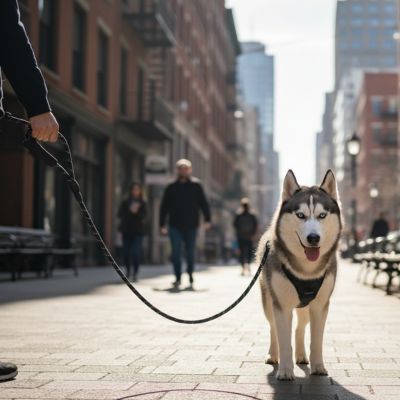 Chien Husky avec harnais noir marchant sur un trottoir en ville avec une longe chien noire.