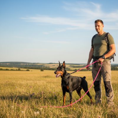 Randonneur dans un champ avec un Dobermann attaché à une longe chien rose.