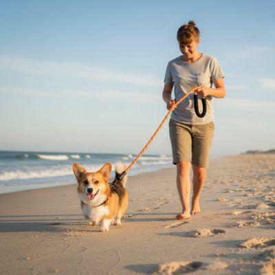 Longe pour chien orange tenue par une femme marchant avec son Corgi sur le sable.