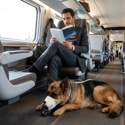 Chien de race berger allemand couché dans un train avec sa muselière berger allemand à motif.