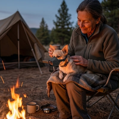 Femme tenant sur ses genoux un chien avec muselière chihuahua noire près d'un feu de camp.
