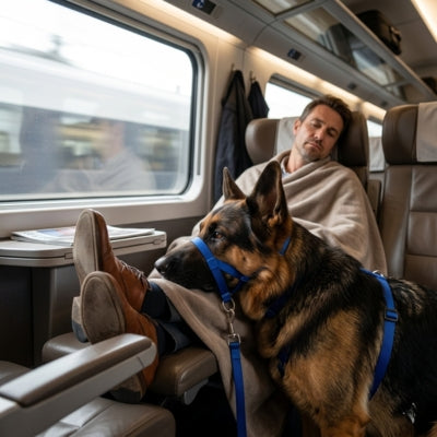 Berger Allemand avec muselière pour berger allemand bleue posant sa tête sur son maître en train.