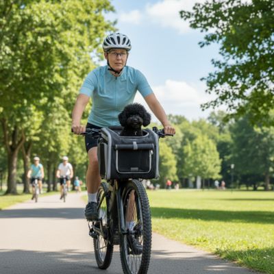 Femme à vélo avec casque et Caniche noir dans un panier vélo chien noir, au parc.
