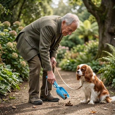 Homme âgé avec pelle a crotte bleue sur un sentier avec son Cavalier King Charles.