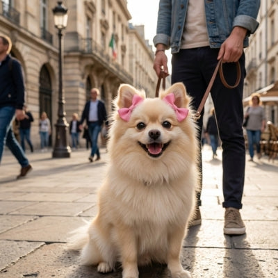 Chien Loulou de Poméranie portant deux noeuds papillon roses, assis dans une rue pavée.