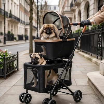 Poussette pour chien accueillant un Pekingese et un Carlin dans une rue de ville.