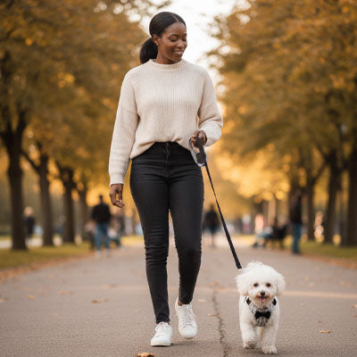 Femme marchant dans une allée avec un Caniche blanc portant un harnais pour chien noir et blanc.