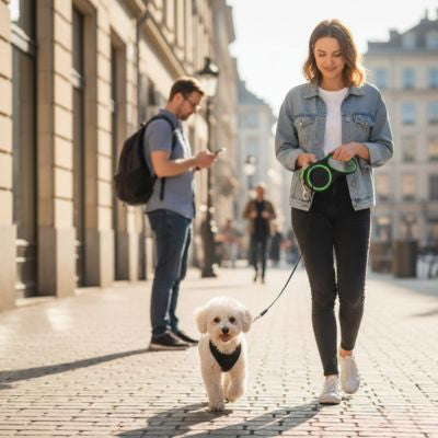 Jeune femme marchant en ville avec son petit chien blanc et une laisse pour chien verte.