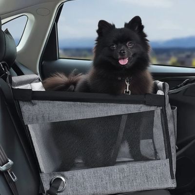 Petit chien noir de type Loulou de Poméranie dans un siege auto pour chien gris.