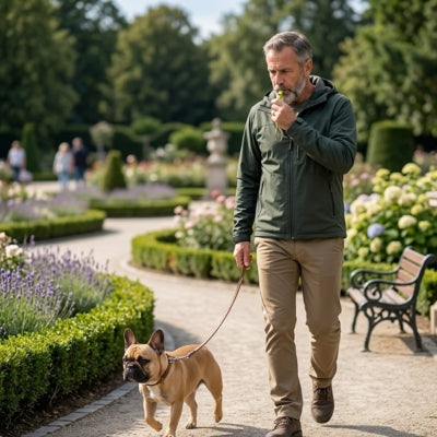 Homme marchant avec un sifflet à ultrason pour chien Bouledogue français dans un jardin fleuri.