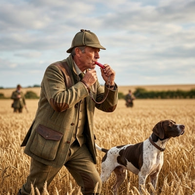 Chasseur utilisant un sifflet ultrason pour chien rouge avec un Braque dans un champ.